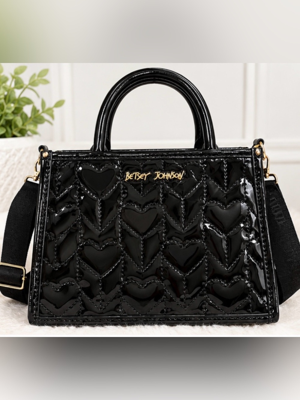 Betsey Johnson Black Patent Quilted Heart Mini Satchel | Gold Logo Crossbody Bag